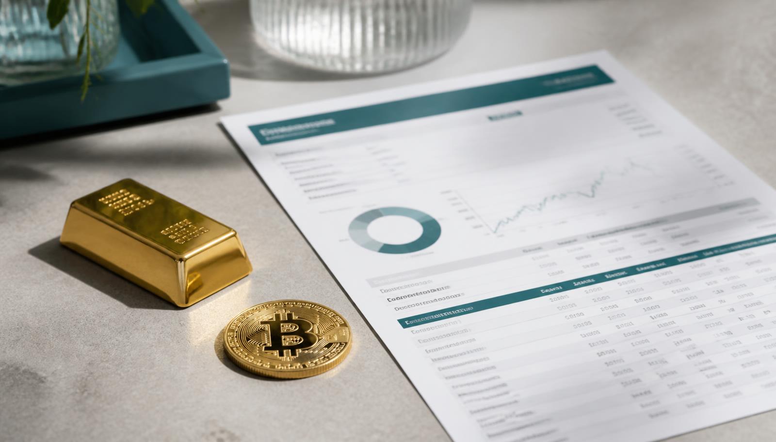 Goldbarren, Bitcoin-Münze und ein Fonds-Factsheet auf hellem Stein als Symbol für Streuung