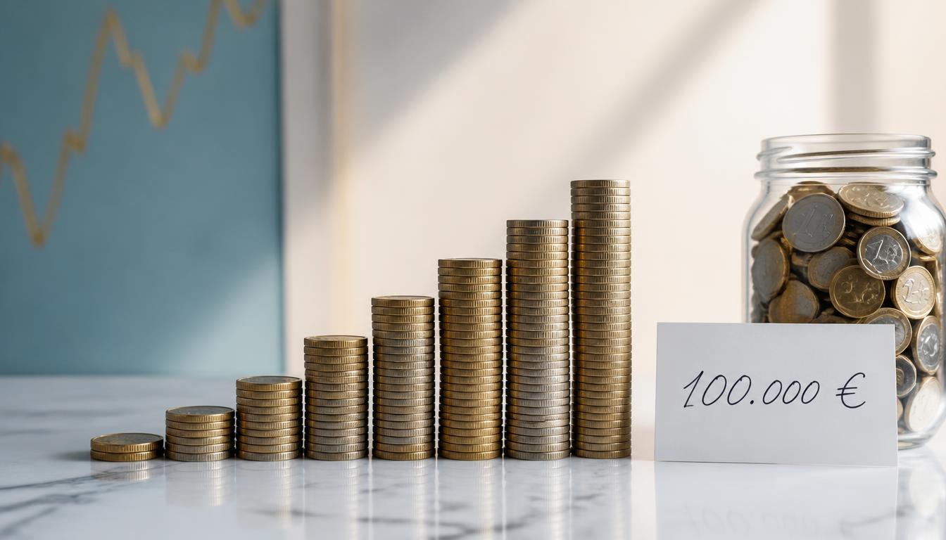 Aufsteigende Stapel von Euromünzen als Balkendiagramm, daneben ein Glas mit Münzen und eine Karte mit der Aufschrift 100.000 Euro
