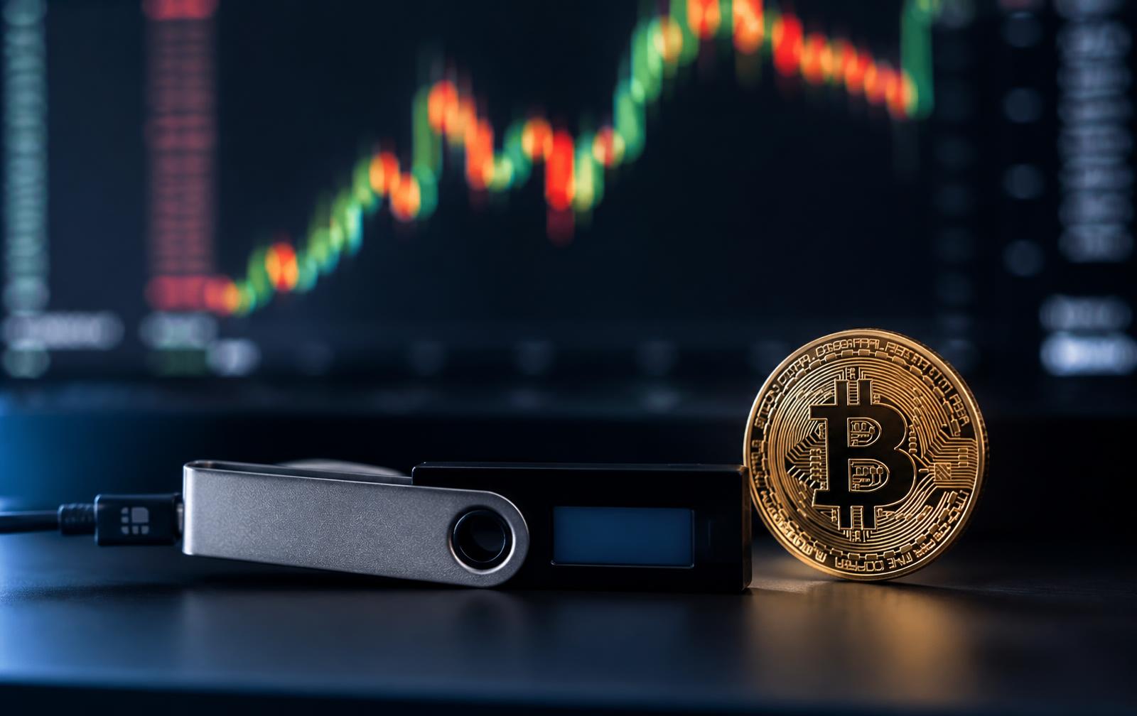 Hardware-Wallet neben einer Bitcoin-Münze vor einem Kurschart