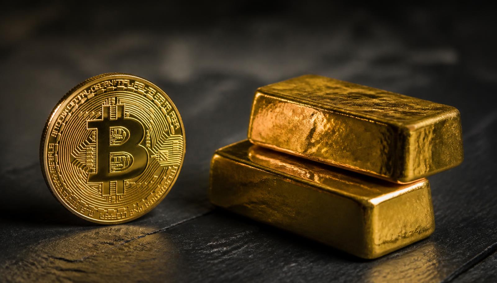 Physische Bitcoin-Münze neben zwei Goldbarren auf dunklem Schiefer
