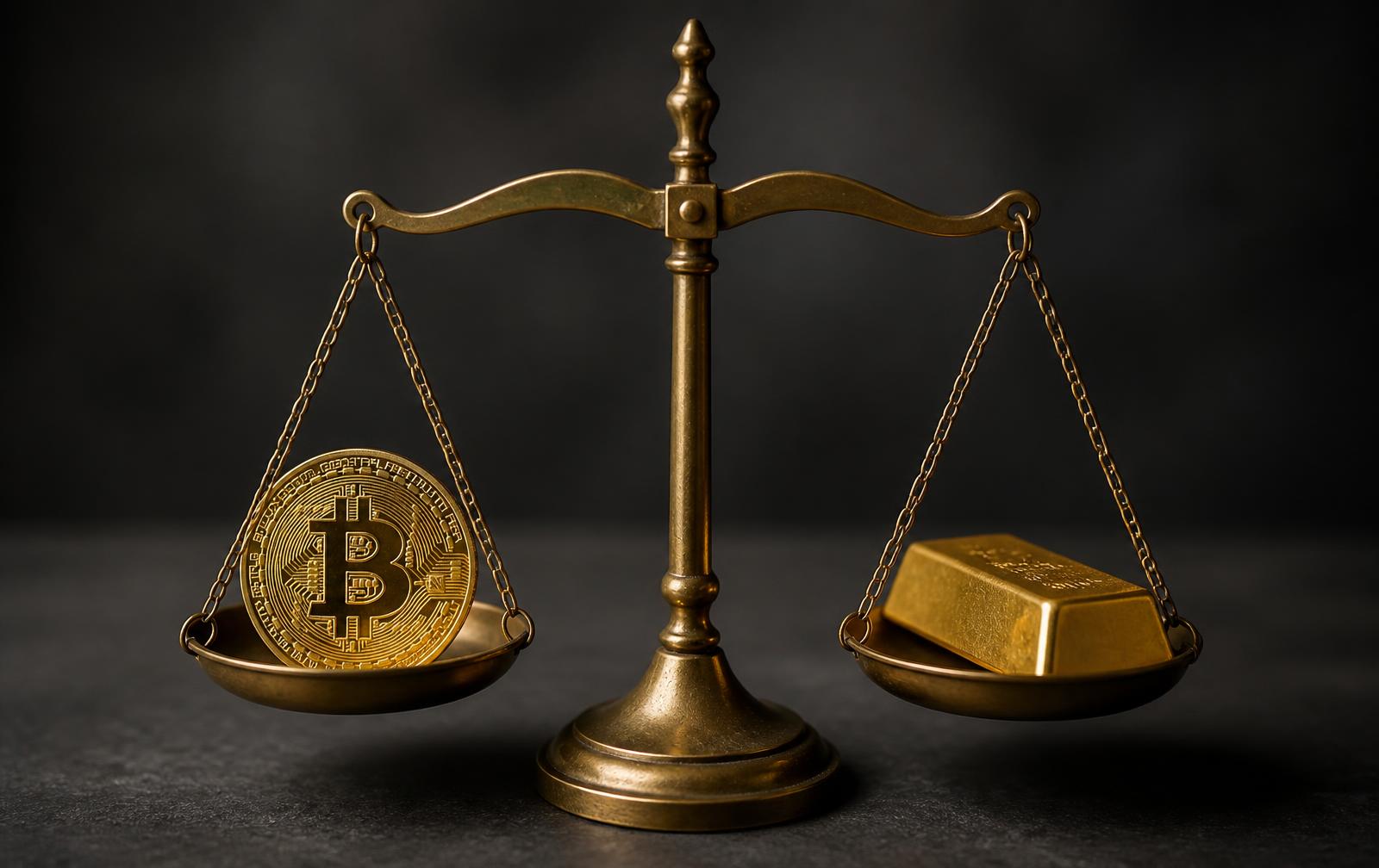 Waage mit einer Bitcoin-Münze auf der einen und einem Goldbarren auf der anderen Seite