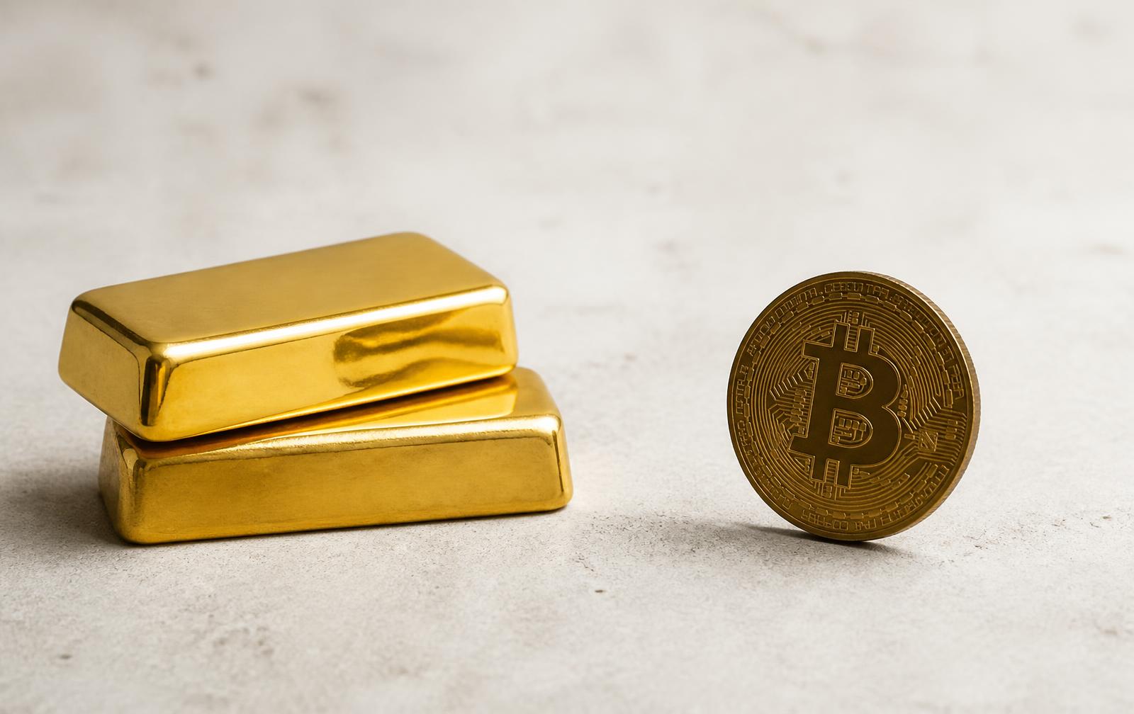 Goldbarren und eine Bitcoin-Münze nebeneinander in heller Editorial-Komposition