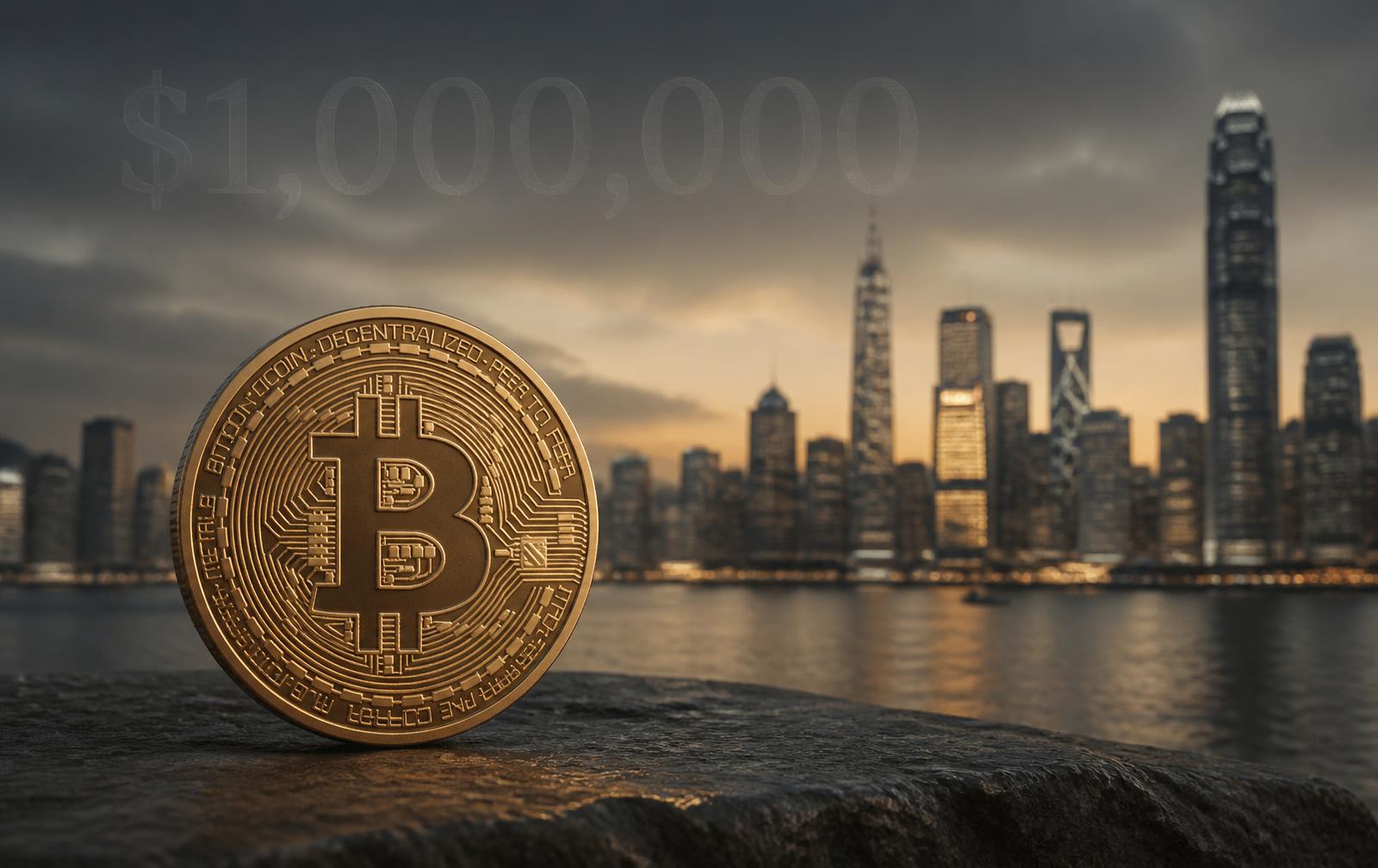 Physische Bitcoin-Münze vor der Kulisse einer globalen Finanzmetropole