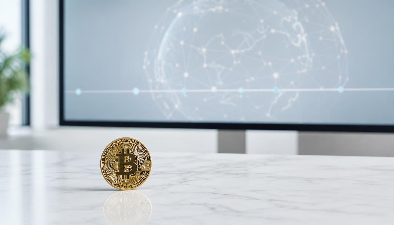 Physische Bitcoin-Münze vor einem neutralen Netzwerk-Globus auf einem hellen Bildschirm