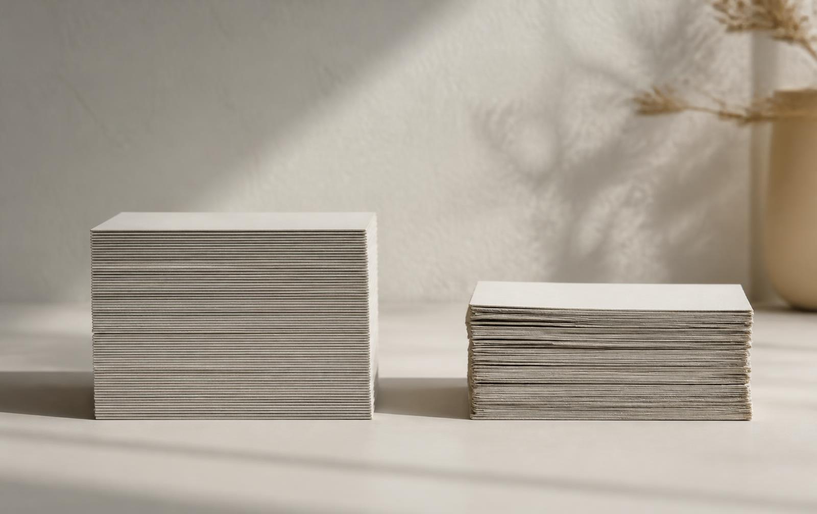 Zwei unterschiedlich hohe Papierstapel als Sinnbild für sinkende Kaufkraft