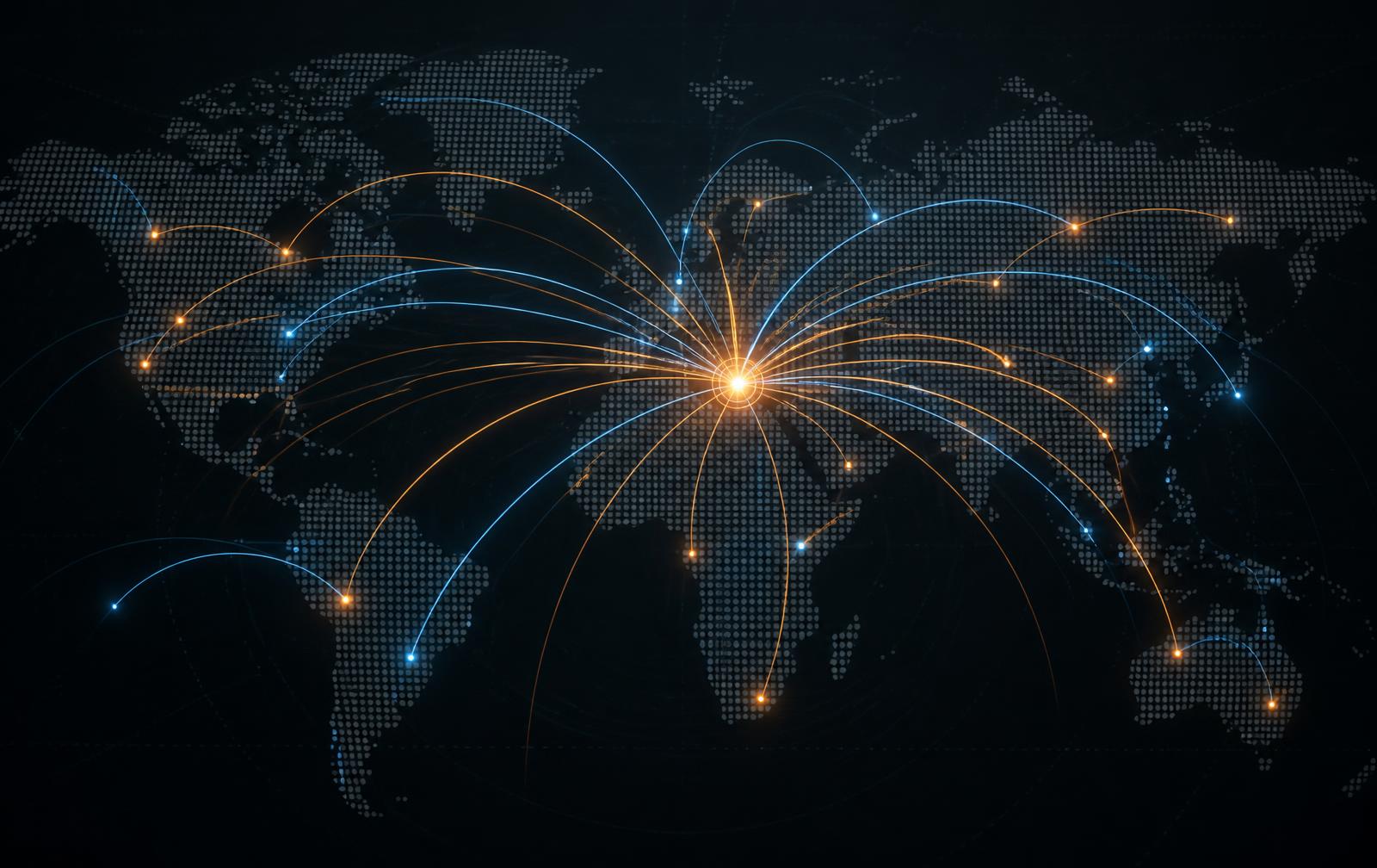 Abstrakte Darstellung globaler Kapitalströme, die auf einen zentralen Knotenpunkt zulaufen
