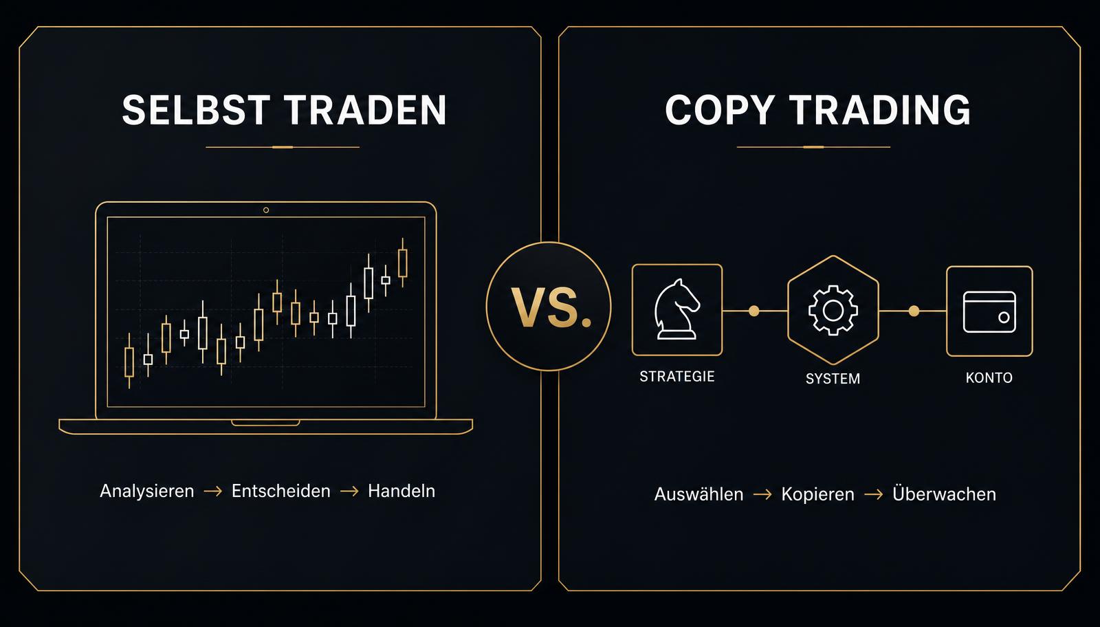 Split-Screen: emotionale Trading-Entscheidung versus systematische Copy-Trading-Struktur