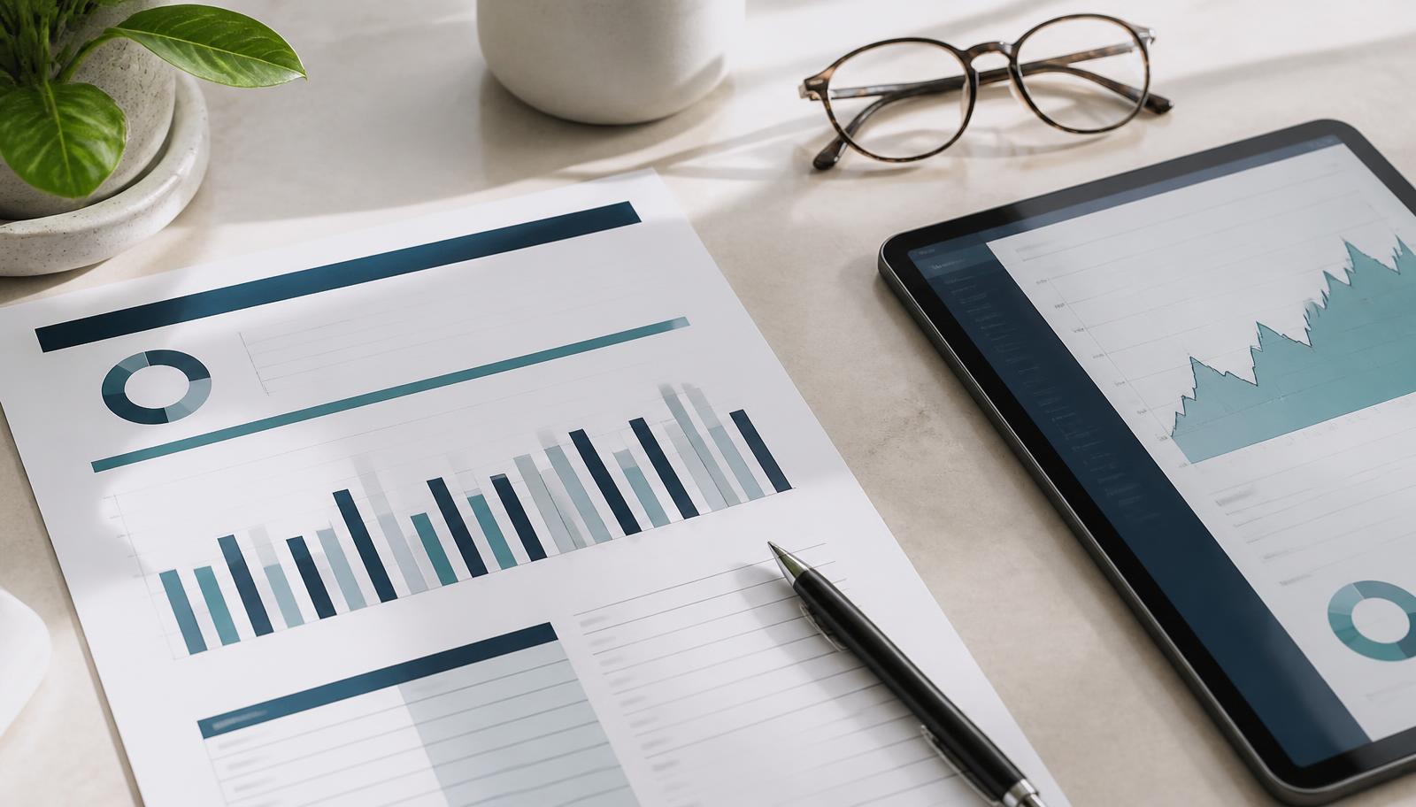 Ausgedrucktes Factsheet mit Balkendiagramm und Tablet mit Portfolioverlauf auf hellem Schreibtisch