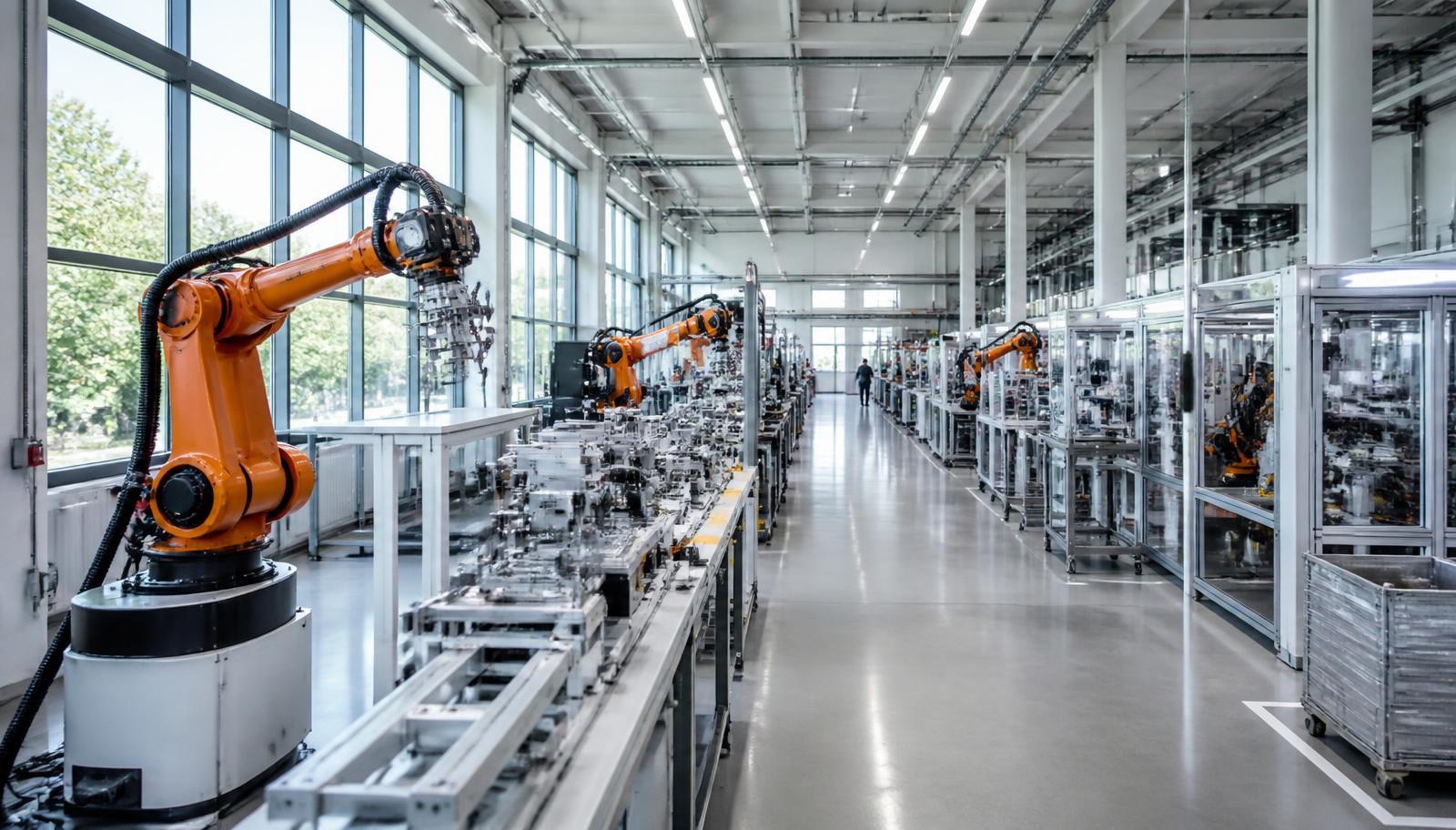 Helle Produktionshalle mit Industrierobotern an einer modernen Montagelinie