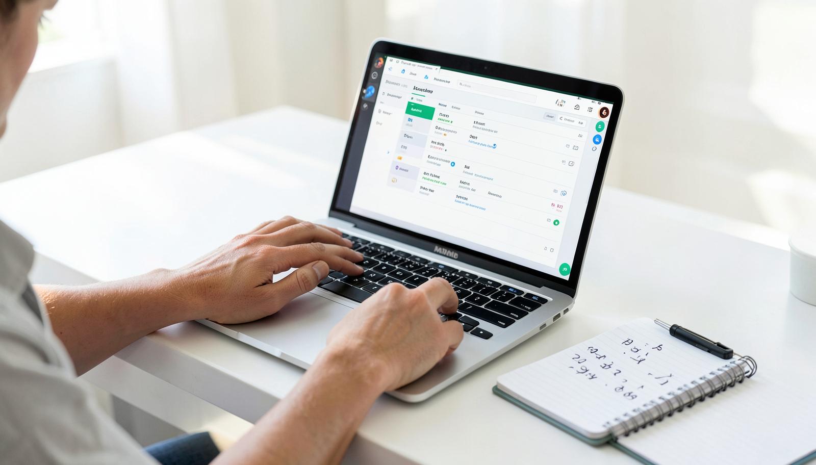 Person plant am Laptop die Aufteilung ihres Anlageportfolios, daneben ein Notizbuch mit Zahlen