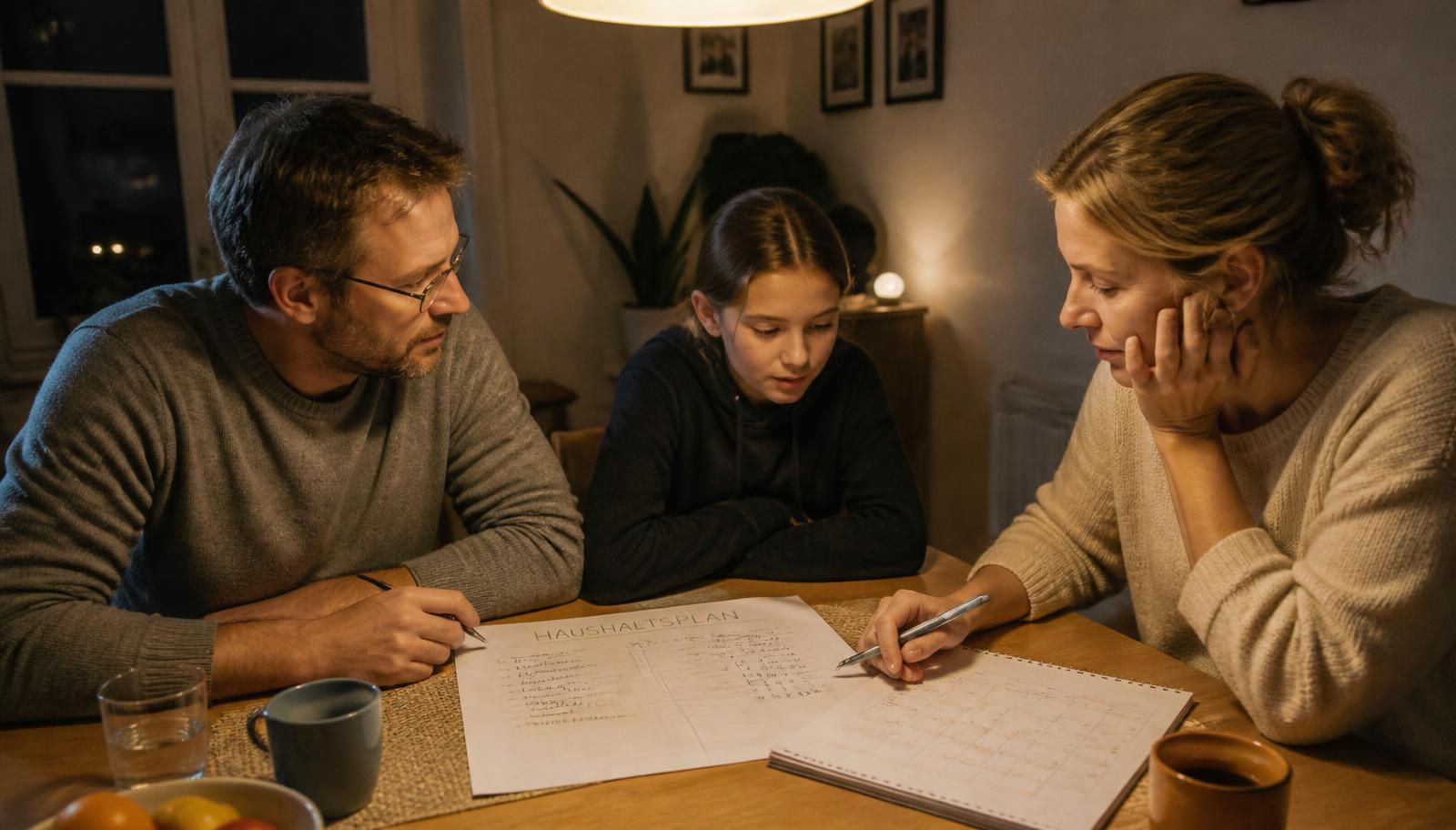 Familie sitzt abends am Tisch und plant gemeinsam Haushaltsbudget und Sparrate