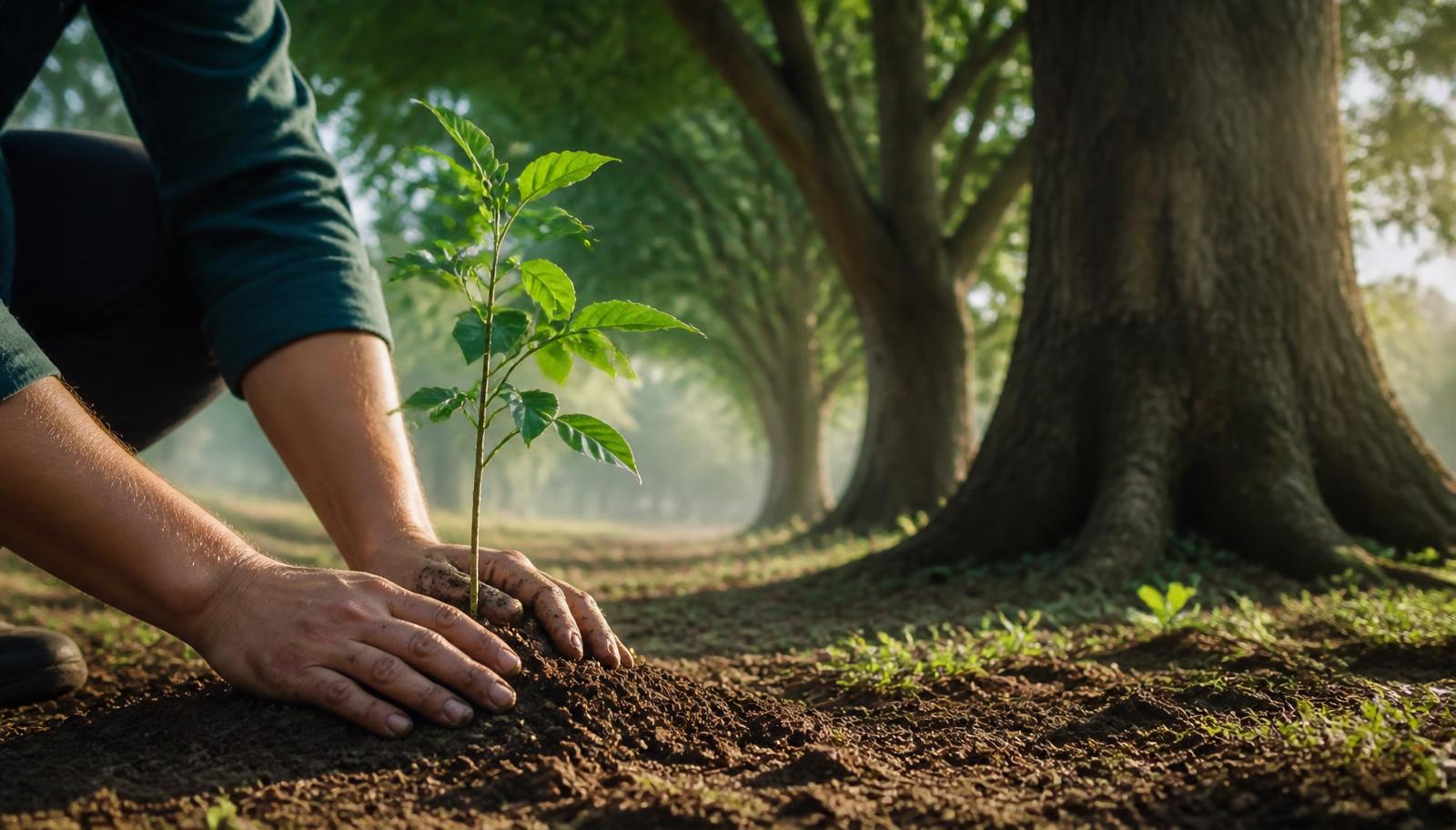Hände setzen einen jungen Baum neben gewachsene Bäume als Bild für langfristigen Vermögensaufbau