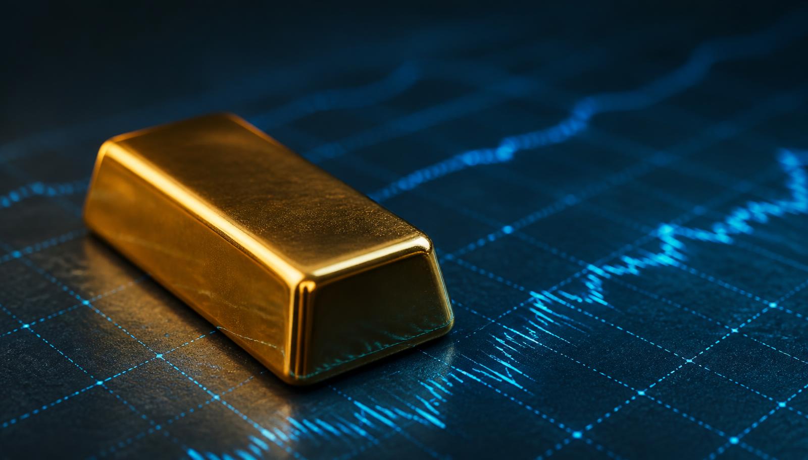 Goldbarren mit dezenter Datenvisualisierung als Symbol für automatisierten XAU/USD-Handel