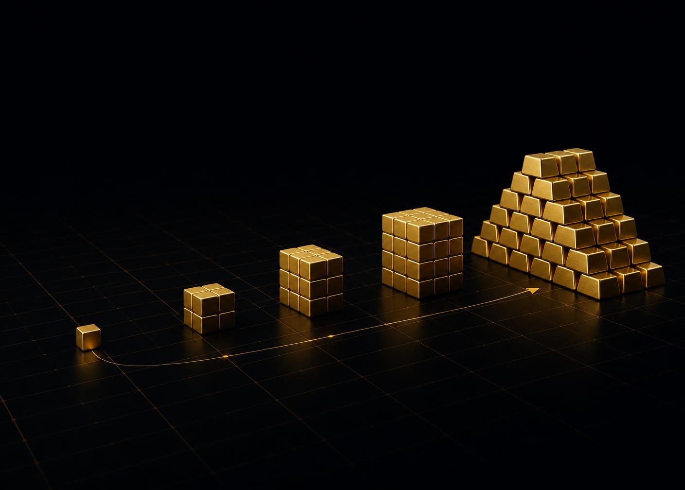 Kleiner goldener Würfel, der sich zu einem grösseren Volumen ausdehnt